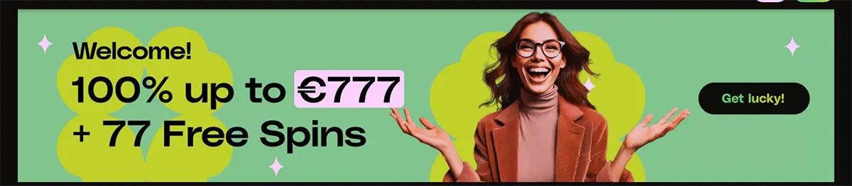 Lucky Pays homepage banner on a green background promoting “100% up to €777 + 77 Free Spins,” featuring a smiling woman and a “Get lucky!” button.