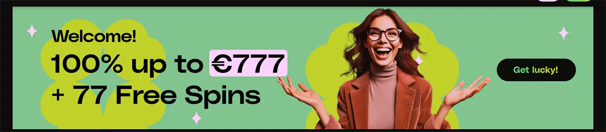 Lucky Pays homepage banner on a green background promoting “100% up to €777 + 77 Free Spins,” featuring a smiling woman and a “Get lucky!” button.