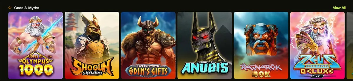 Gods & Myths game row showing slot thumbnails for Gates of Olympus 1000, Shogun SkyLord, Odin’s Gifts, Hand of Anubis, Ragnarok 40K, and Zeus Rush Fever Deluxe.
