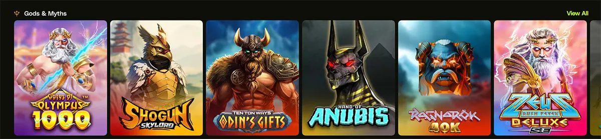 Gods & Myths game row showing slot thumbnails for Gates of Olympus 1000, Shogun SkyLord, Odin’s Gifts, Hand of Anubis, Ragnarok 40K, and Zeus Rush Fever Deluxe.